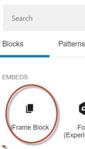 a screenshot identifying the iFrame Block located under the "embeds" section in the block chooser.