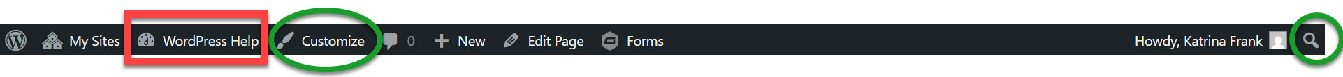 The top toolbar view with emphasis on the "WordPress Help," "Customize," and magnifying glass option from the Kalamazoo College WordPress interface for Site Content Editors. 