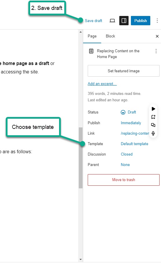 screenshot of the right sidebar of the page editor screen in WordPress with an emphasis on the "save draft" and "default template" links.