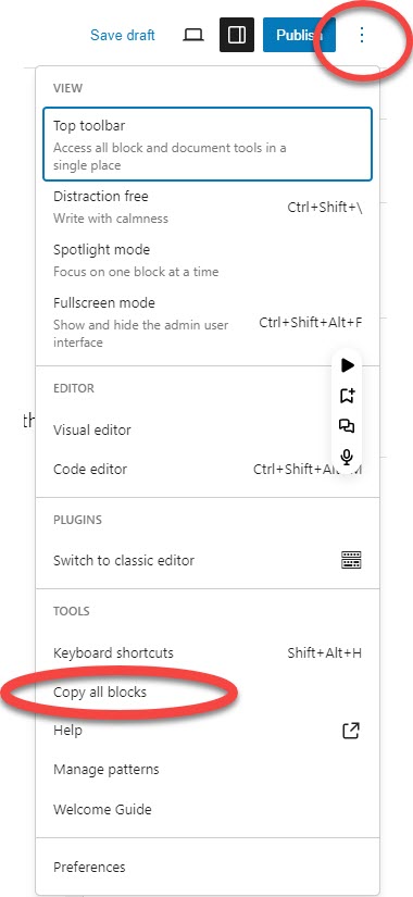 screenshot of the page editor with emphasis on the "Options" ellipses and the "Copy all blocks" option.