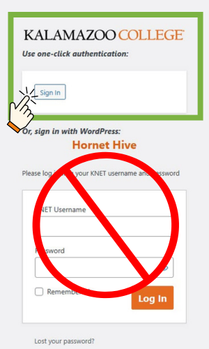 screenshot of K College WordPress log-in page with emphasis on using single sign-on button and not entering KNET credentials.